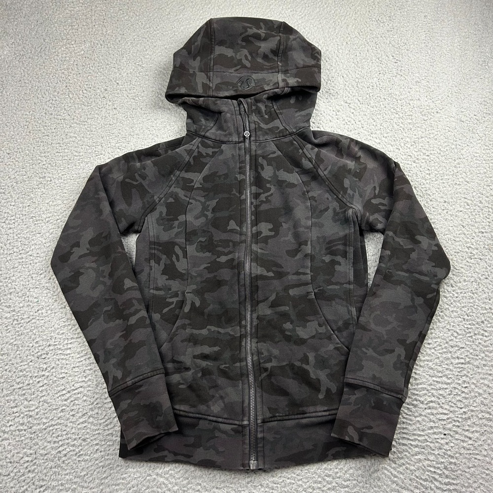 Lululemon Scuba Hoodie Womens 6 Gray Camouflage Light Cotton Fleece Full Zip